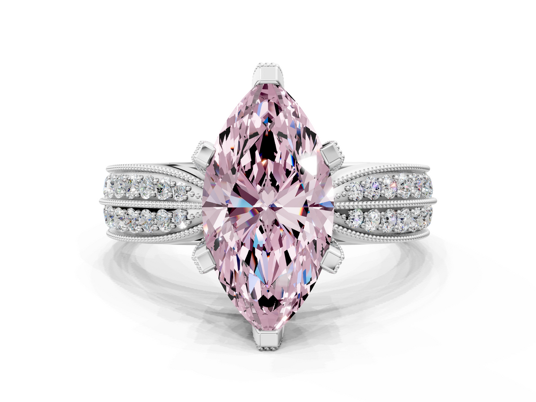 White gold Fancy Pink Marquise  Solitaire Diamond Ring with Milgrain Pavé Band and Four-Prong Setting_20