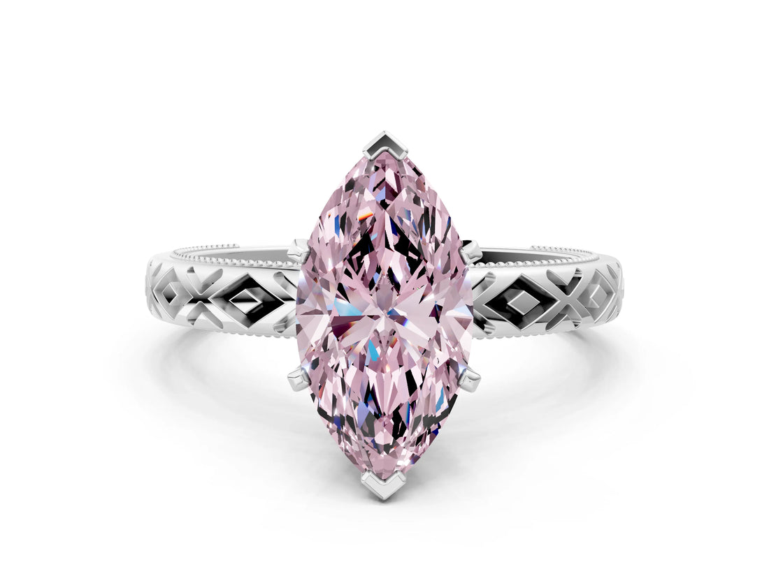 White gold Fancy Pink Marquise  Solitaire Diamond Ring with Milgrain and Black Enamel X Pattern Band_79