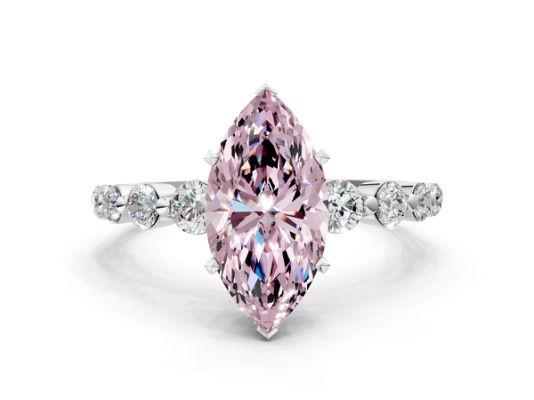 White gold Fancy Pink Marquise Cut Solitaire Diamond Ring with Pave Band and Four-Prong Setting