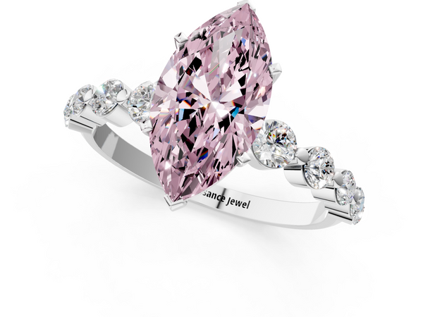 White gold Fancy Pink Marquise Cut Solitaire Diamond Ring with Pave Band and Four-Prong Setting