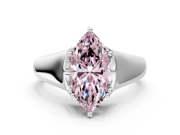 White gold Fancy Pink Marquise Cut Diamond Solitaire Ring with Wide Band and Prong Setting
