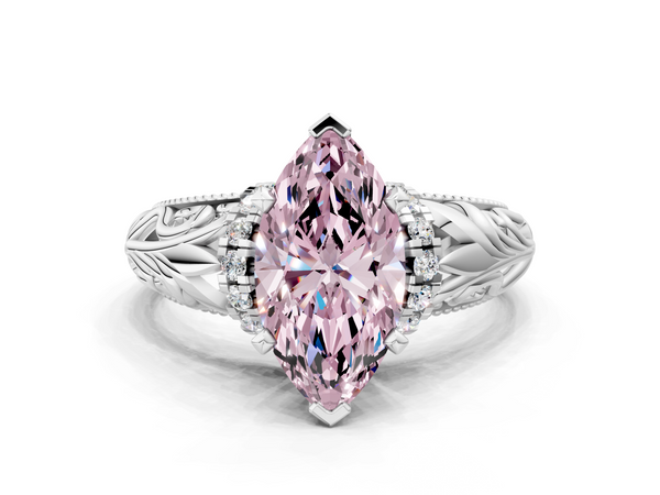 Platinum Fancy Pink Marquise  Solitaire Filigree Engagement Ring with Halo and Prong Setting
