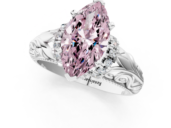 Platinum Fancy Pink Marquise  Solitaire Filigree Engagement Ring with Halo and Prong Setting