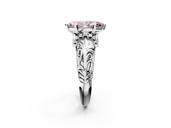 Platinum Fancy Pink Marquise  Solitaire Filigree Engagement Ring with Halo and Prong Setting