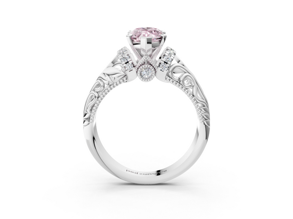 Platinum Fancy Pink Marquise  Solitaire Filigree Engagement Ring with Halo and Prong Setting