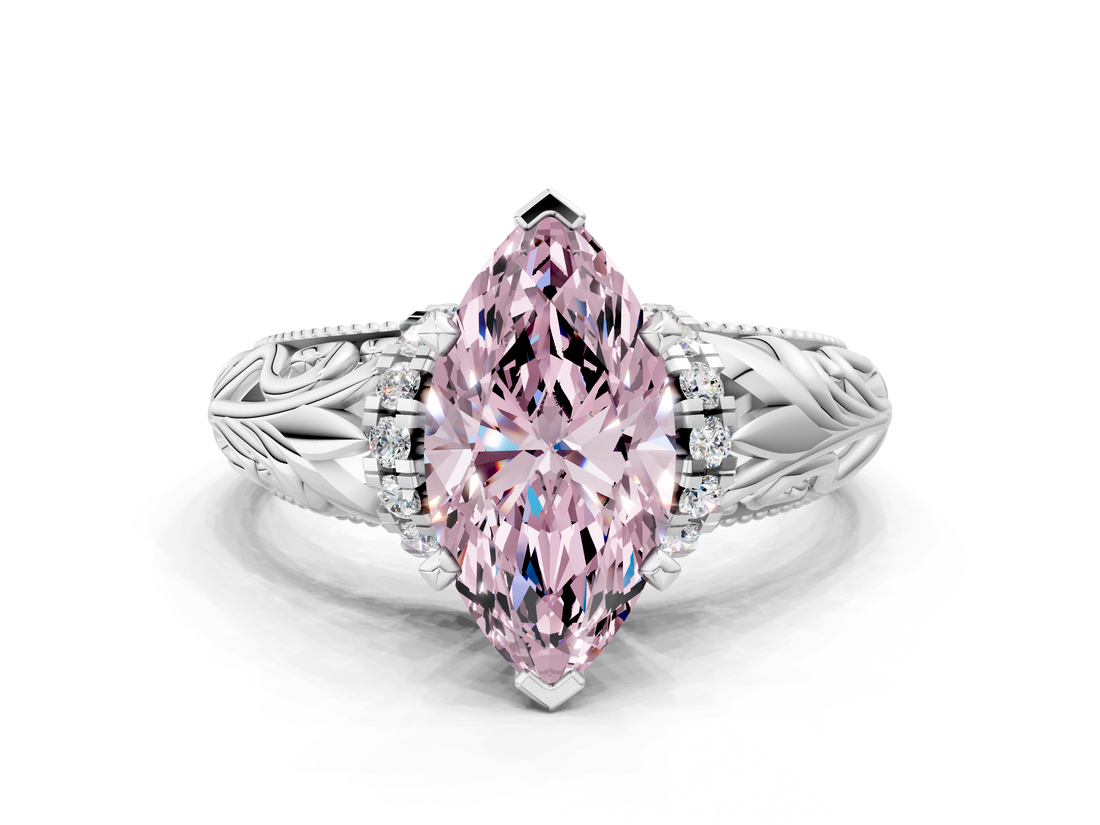 White gold Fancy Pink Marquise  Solitaire Filigree Engagement Ring with Halo and Prong Setting_85