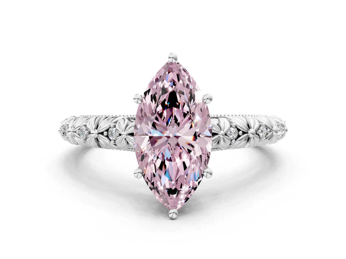 White gold Fancy Pink Marquise  Solitaire Floral Milgrain Engagement Ring_31