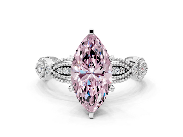Platinum Fancy Pink Marquise  Solitaire Milgrain Diamond Engagement Ring with Bezel and Marquise Band
