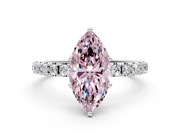 Platinum Fancy Pink Marquise Cut Diamond Solitaire Pavé Band with Four-Prong Setting