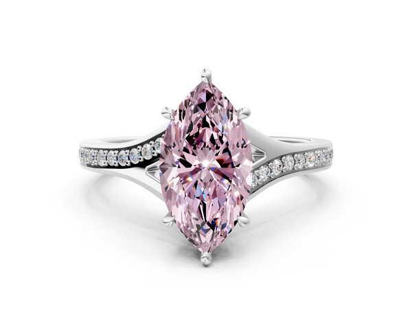 White gold Fancy Pink Marquise Cut Diamond Solitaire Ring with Pavé Band and Prong Setting