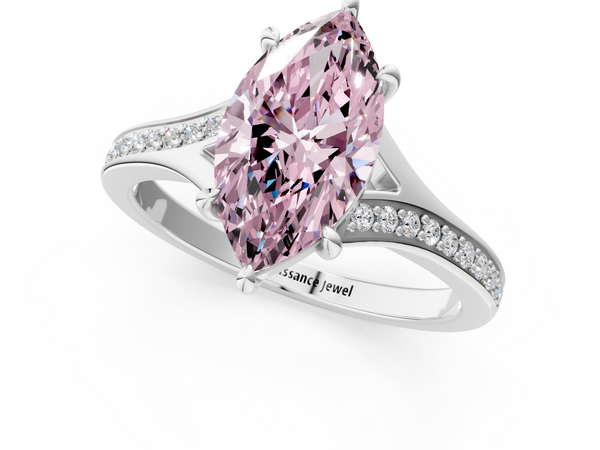 White gold Fancy Pink Marquise Cut Diamond Solitaire Ring with Pavé Band and Prong Setting