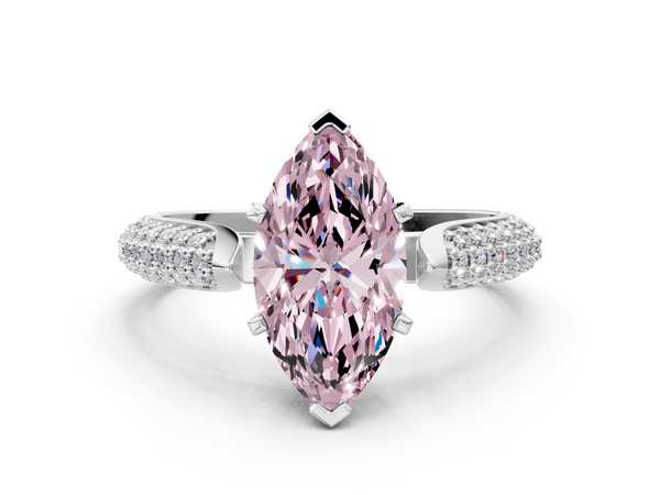 White gold Fancy Pink Marquise  Diamond Solitaire Engagement Ring with Pavé Band and Four-Prong Setting