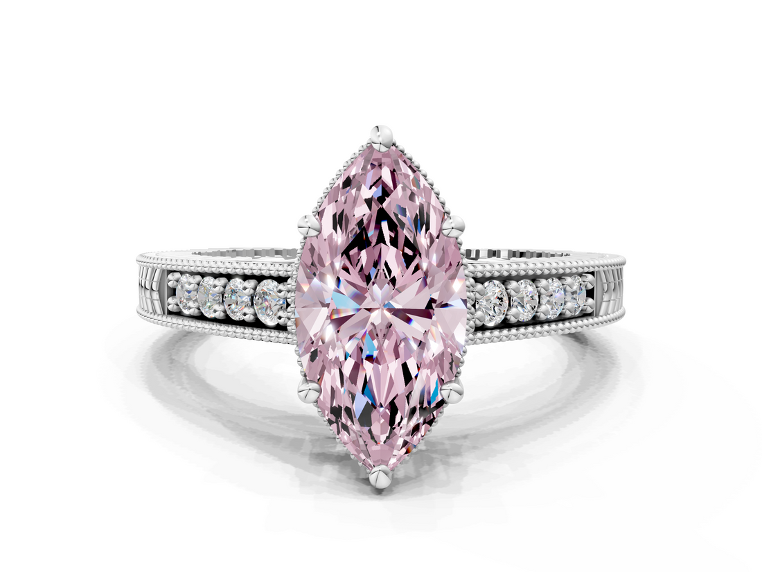 White gold Fancy Pink Marquise  Solitaire Pavé Diamond Milgrain Engagement Ring with Four-Prong Setting_3