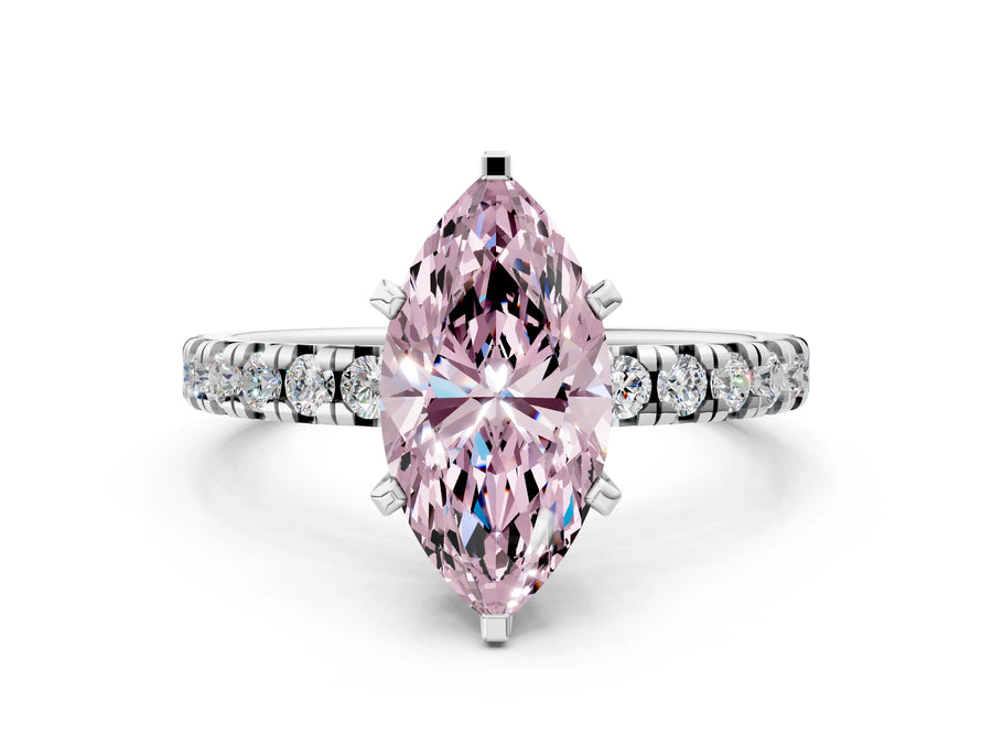 White gold Fancy Pink Marquise  Solitaire Pave Diamond Engagement Ring with Four-Prong Setting