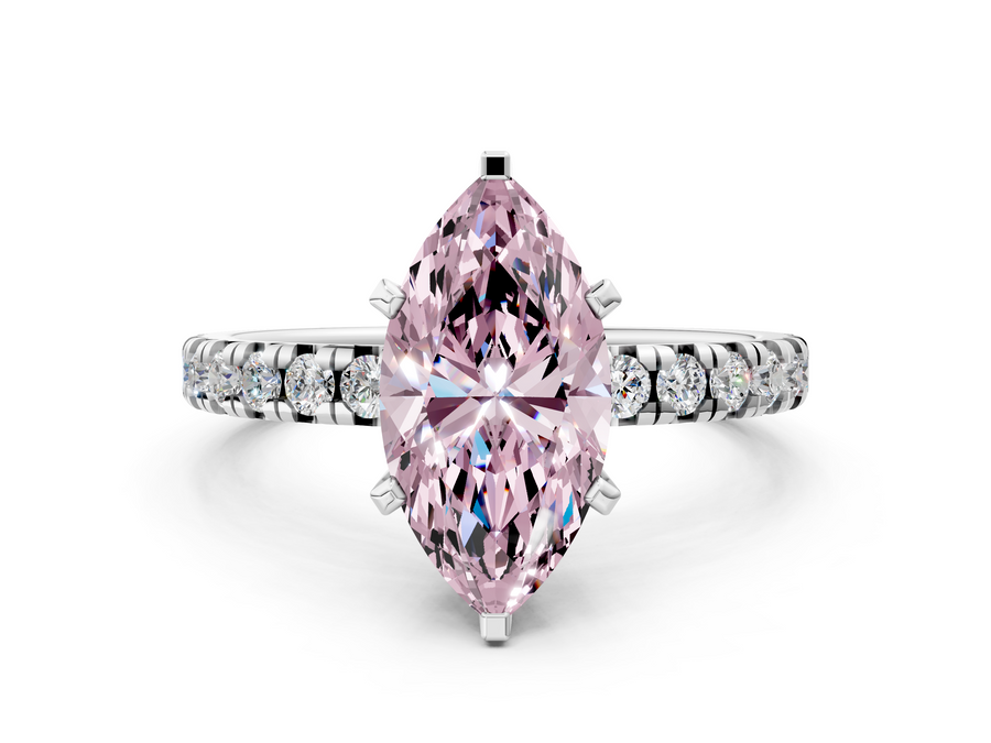White gold Fancy Pink Marquise  Solitaire Pave Diamond Engagement Ring with Four-Prong Setting