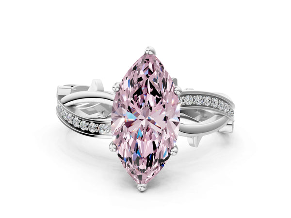 White gold Fancy Pink Marquise  Solitaire Twist Band with Pavé Accents and Four-Prong Setting