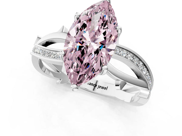 White gold Fancy Pink Marquise  Solitaire Twist Band with Pavé Accents and Four-Prong Setting