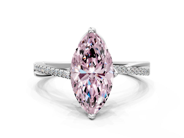 Platinum Fancy Pink Marquise  Solitaire Twist Band with Pavé Diamonds and Four-Prong Setting