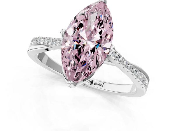 Platinum Fancy Pink Marquise  Solitaire Twist Band with Pavé Diamonds and Four-Prong Setting