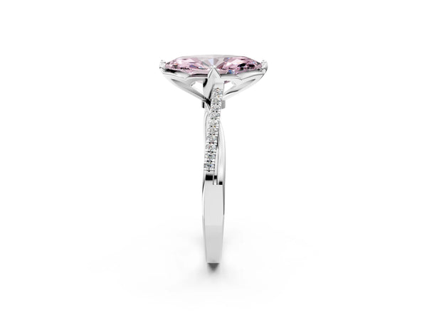 Platinum Fancy Pink Marquise  Solitaire Twist Band with Pavé Diamonds and Four-Prong Setting