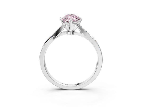 Platinum Fancy Pink Marquise  Solitaire Twist Band with Pavé Diamonds and Four-Prong Setting
