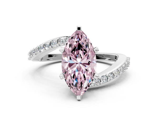 Platinum Fancy Pink Marquise  Solitaire Twist Band with Pave Set Diamonds and Four-Prong Setting