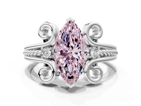 Platinum Fancy Pink Marquise  Solitaire Twisted Band Scroll Prong Ring
