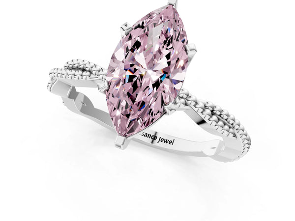 White Gold Marquise Solitaire Engagement Ring Setting for Fancy Pink Center with Beaded Twist Band