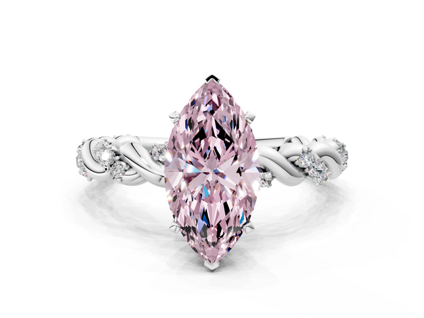 White gold Fancy Pink Marquise Cut Diamond Solitaire Ring with Twisted Band and Pavé Accents