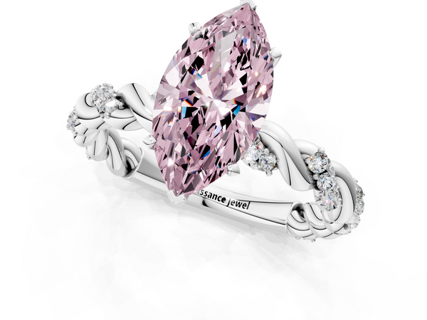 White gold Fancy Pink Marquise Cut Diamond Solitaire Ring with Twisted Band and Pavé Accents