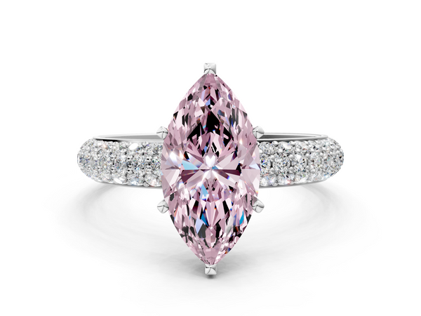White gold Fancy Pink Marquise  Diamond Solitaire Ring with Prong Setting and Pavé Band