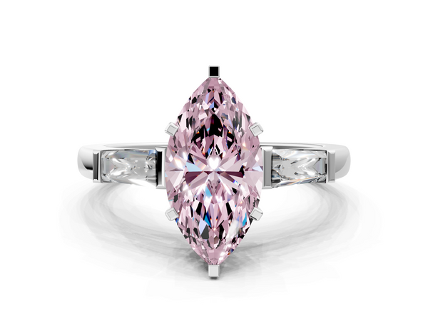 White gold Fancy Pink Marquise  Solitaire with Tapered Baguette Side Stones on a Classic Band with Four-Prong Setting