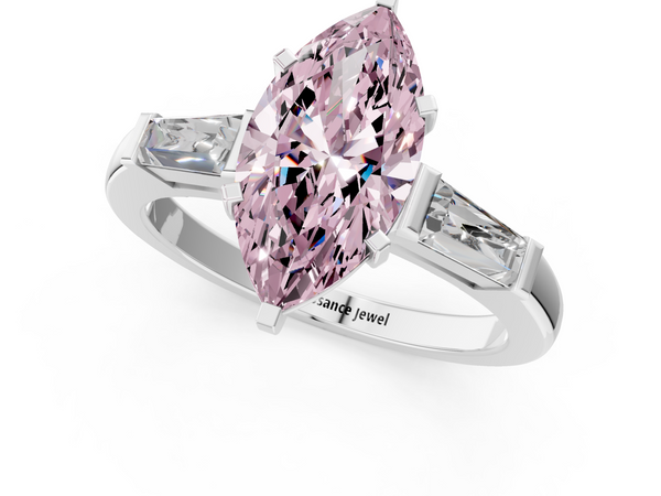 White gold Fancy Pink Marquise  Solitaire with Tapered Baguette Side Stones on a Classic Band with Four-Prong Setting