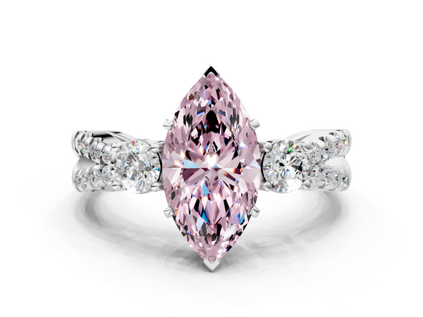 Platinum Fancy Pink Marquise Cut Diamond Three-Stone Ring with Pavé Split Shank and Four-Prong Setting