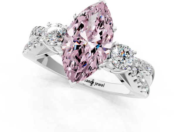 Platinum Fancy Pink Marquise Cut Diamond Three-Stone Ring with Pavé Split Shank and Four-Prong Setting