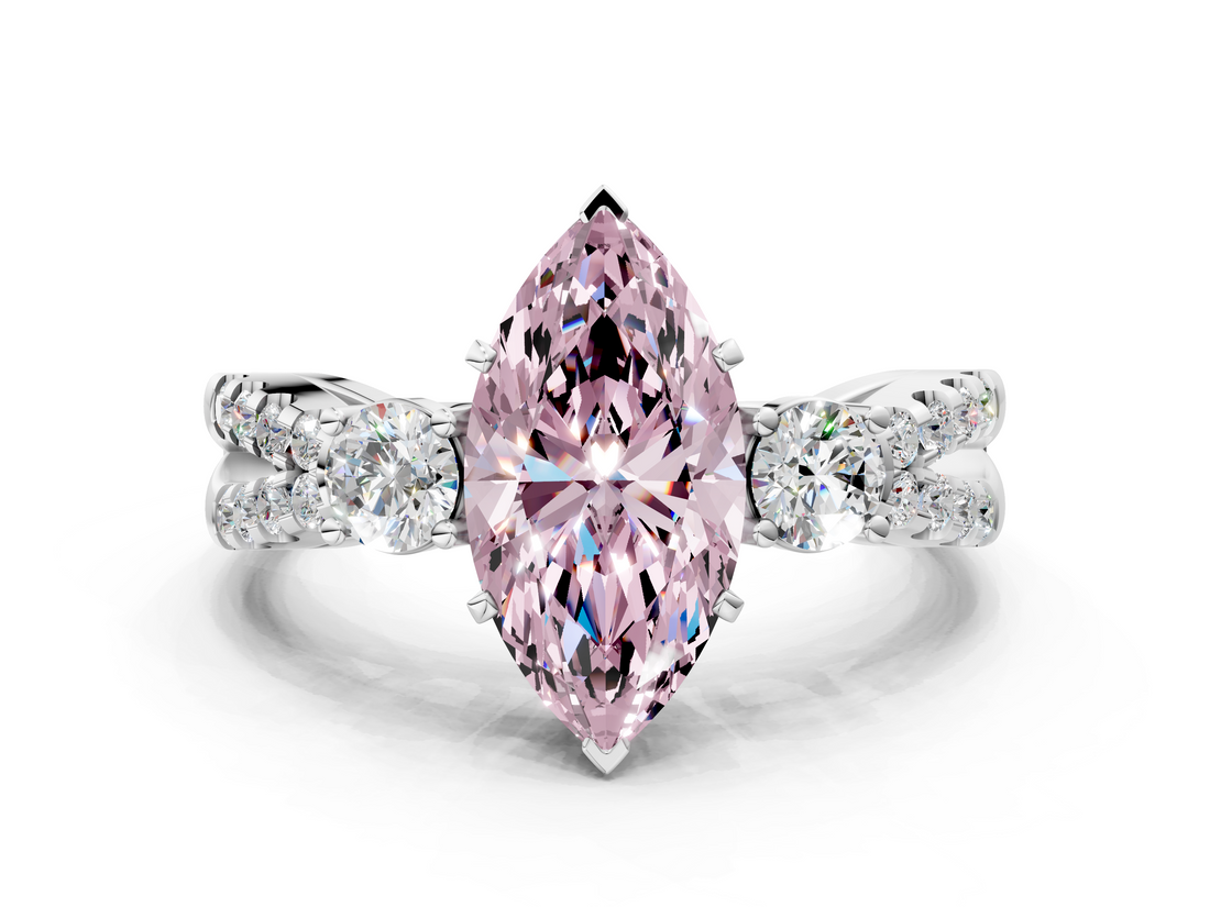 White gold Fancy Pink Marquise  Three-Stone Diamond Ring with Pavé Split Shank and Four-Prong Setting_96