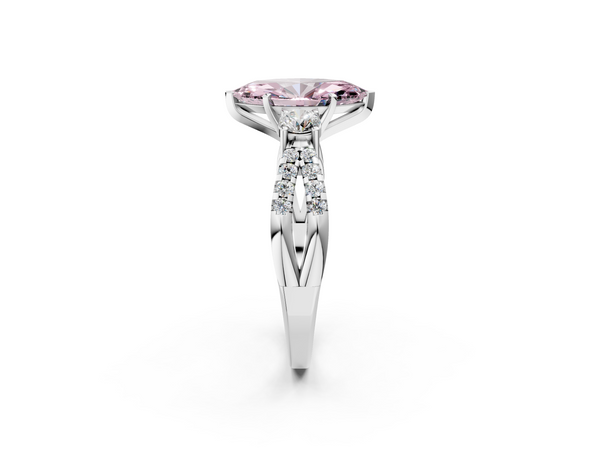 Platinum Fancy Pink Marquise Cut Diamond Three-Stone Ring with Pavé Split Shank and Four-Prong Setting