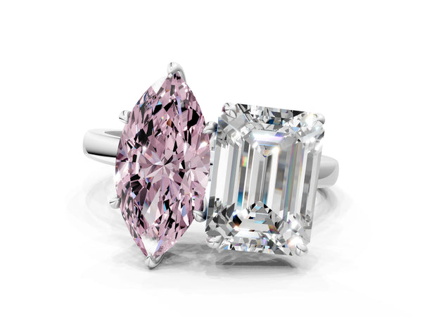 White gold Fancy Pink Marquise  and Emerald Cut Toi Moi Ring with Prong Setting