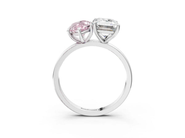 White gold Fancy Pink Marquise  and Emerald Cut Toi Moi Ring with Prong Setting