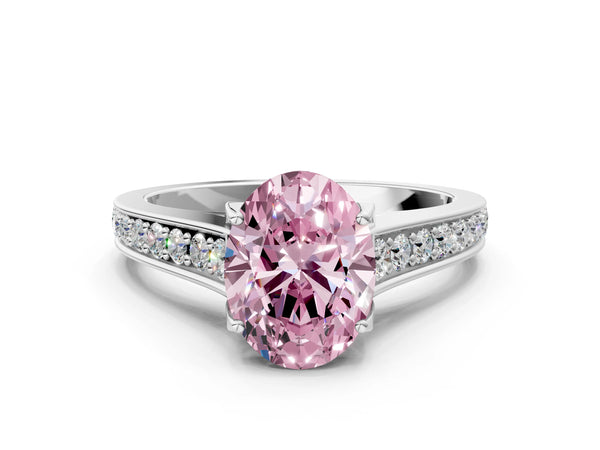 White gold Fancy Pink Oval  Brilliant Cut Diamond Engagement Ring with Pavé Band and Four-Prong Setting
