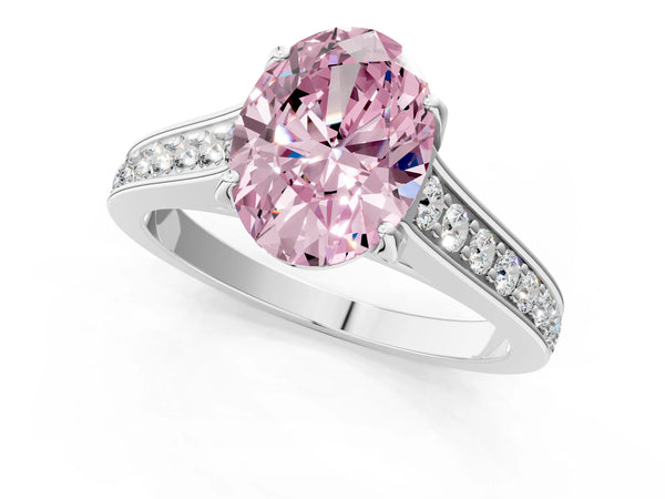 White gold Fancy Pink Oval  Brilliant Cut Diamond Engagement Ring with Pavé Band and Four-Prong Setting