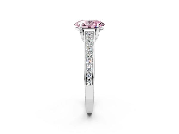 White gold Fancy Pink Oval  Brilliant Cut Diamond Engagement Ring with Pavé Band and Four-Prong Setting