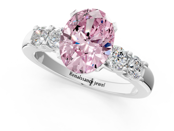 Platinum Fancy Pink Oval  Brilliant Cut Diamond Five-Stone Prong Set Engagement Ring with Channel Band