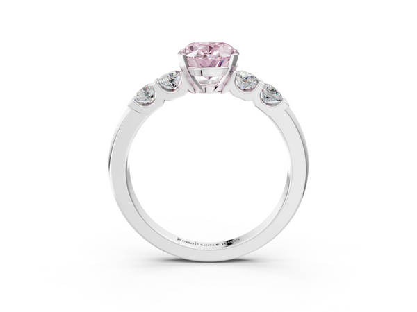 Platinum Fancy Pink Oval  Brilliant Cut Diamond Five-Stone Prong Set Engagement Ring with Channel Band