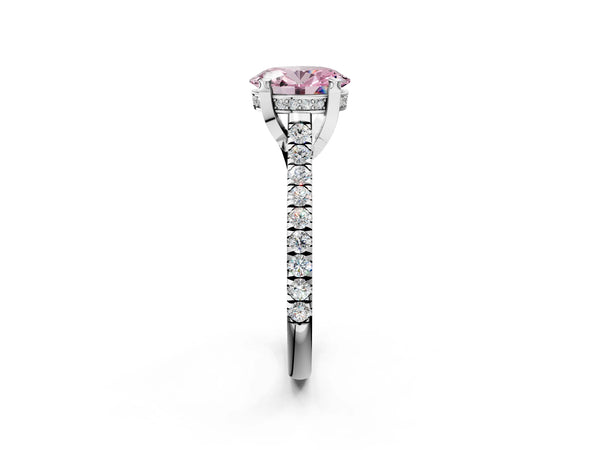 White gold Fancy Pink Oval  Brilliant Diamond Solitaire with Pavé Band and Four-Prong Setting