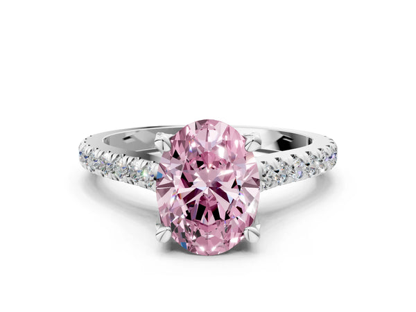 White gold Fancy Pink Oval  Brilliant Diamond Solitaire with Pavé Band and Four-Prong Setting