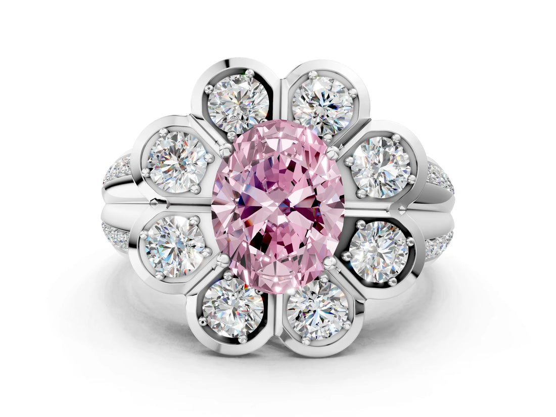 White gold Fancy Pink Oval  Brilliant Flower Halo Diamond Split Shank Ring_93