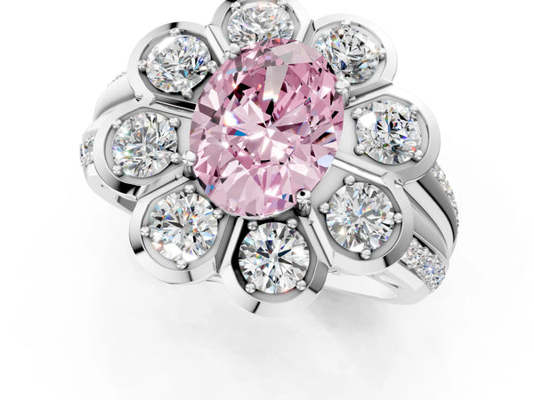 Platinum Fancy Pink Oval  Brilliant Flower Halo Diamond Split Shank Ring