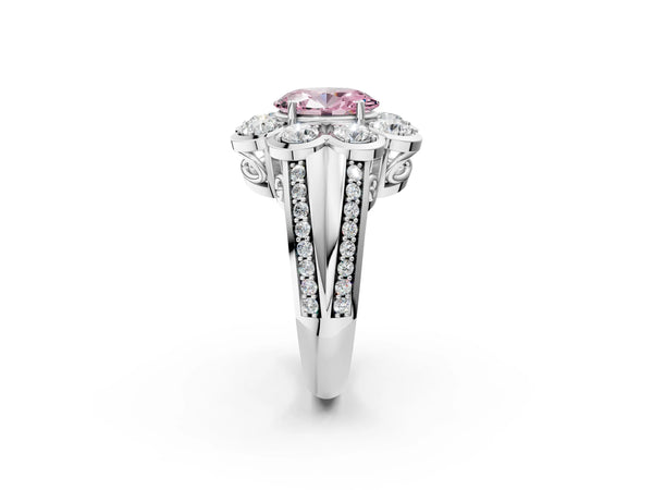 Platinum Fancy Pink Oval  Brilliant Flower Halo Diamond Split Shank Ring
