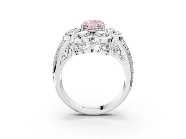 Platinum Fancy Pink Oval  Brilliant Flower Halo Diamond Split Shank Ring